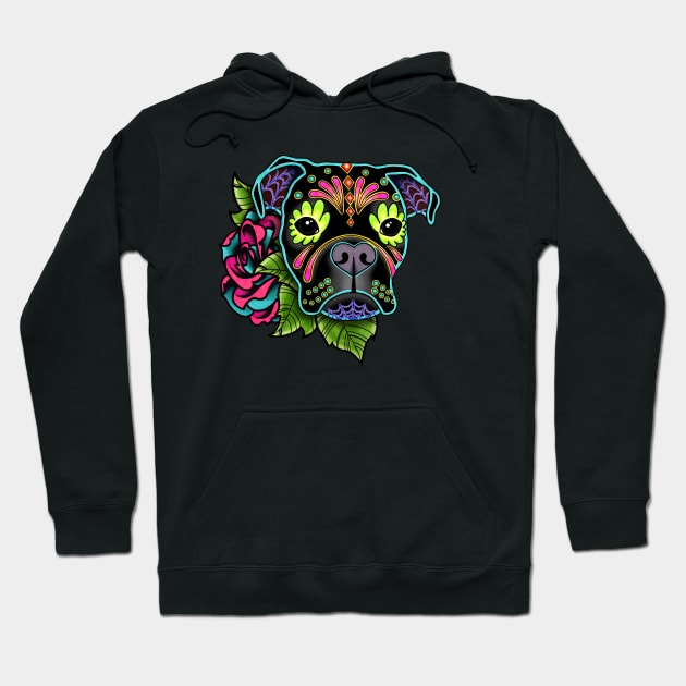 Boxer in Black - Day of the Dead Sugar Skull Dog Hoodie by prettyinink